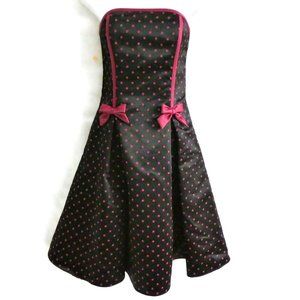 Gunne Sax Black Dress Satin Pink Polka Bows Tulle Fit Flare Strapless Boning Zip
